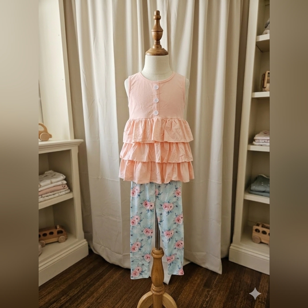 Adorable Sweetness 2-Pc Girls Peach Swing Top & Pastel Floral Leggings Set